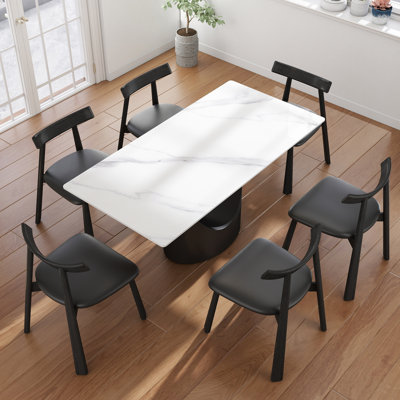 7-Piece Modern Rectangular Sintered Stone Dining Table Set With 6 Faux Leather Chairs