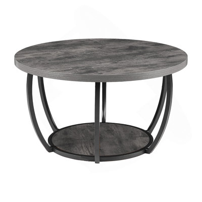 Coffee Table, Modern Round Coffee Table, 2 Tiers Wooden Circle Center Desk with Open Storage, Minimalist Sturdy Metal Frame Accent End Desk for Living Room, Office, Easy Assembly, Grey