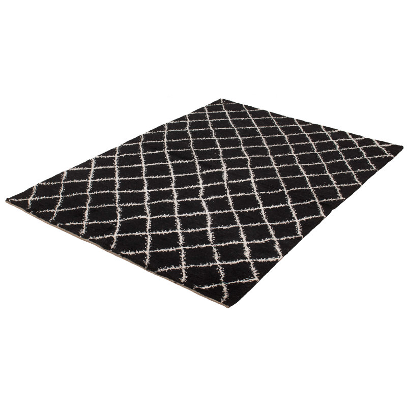 Tapis noir en laine noué à la main de conception unique 6 pi x 9 pi Theodora