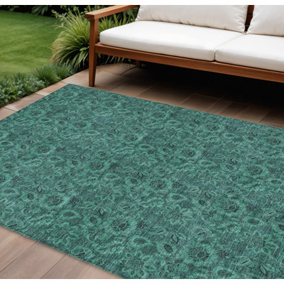 Tapis extérieur lavable floral bleu sarcelle et vert 10 pi x 14 pi bleu sarcelle