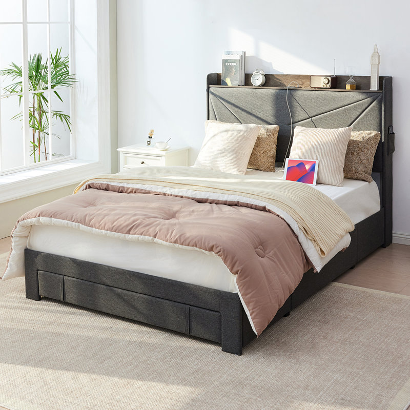Lit double Platform Lit plateforme confortable avec tiroirs de rangement - Un mélange de confort, de fonctionnalité et de design chic, aucun sommier nécessaire, assemblage facile （Gris）