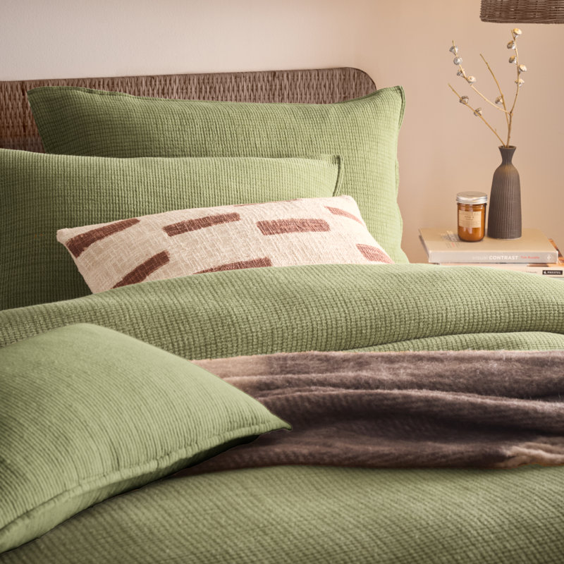 Polette Cotton Solid Colour Duvet Cover Set with Pillowcases, Green, Double Duvet Cover + 2 Standard Pillowcases