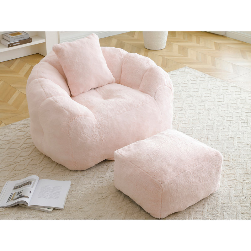 Fauteuil à billes avec repose-pieds, Fausse fourrure rose