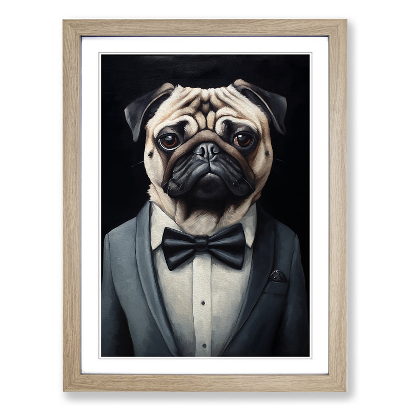Pug Contemporary - Single Picture Frame Print on Wood, Oak Framed, 34cm H x 25cm W x 2cm D