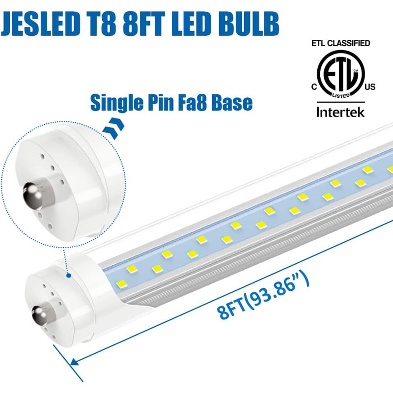 Ampoule à DEL de 8 pi, lumières de tube à DEL à une broche Fa8, couvercle transparent, lumière du jour de 50 W et 5000 K