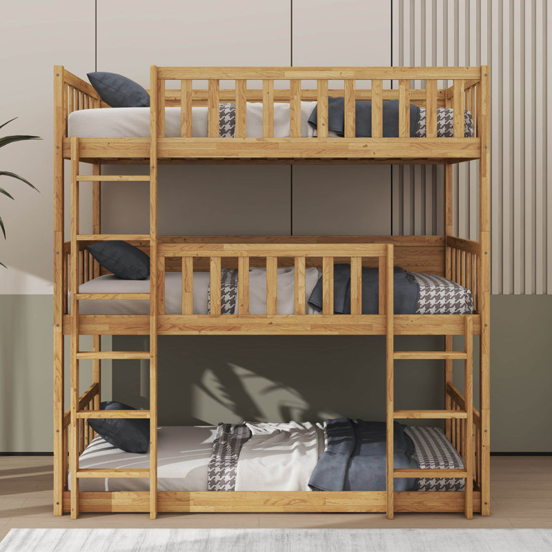 Twin Triple-Layer Rubber Wood Bunk Bed Complete With Ladders And Protective Guardrails, Natural