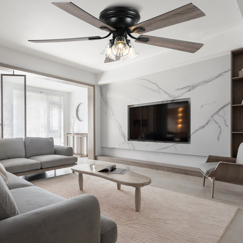 Flush Mount Reversible Ceiling Fan with 3 Lights and Remote, DC Motor 6 Speeds Ceiling Fan for Low Profile, Black , 52"