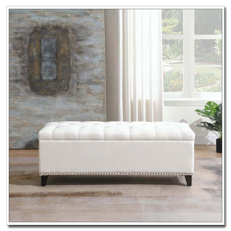 Banc de rangement en lin capitonné, Beige