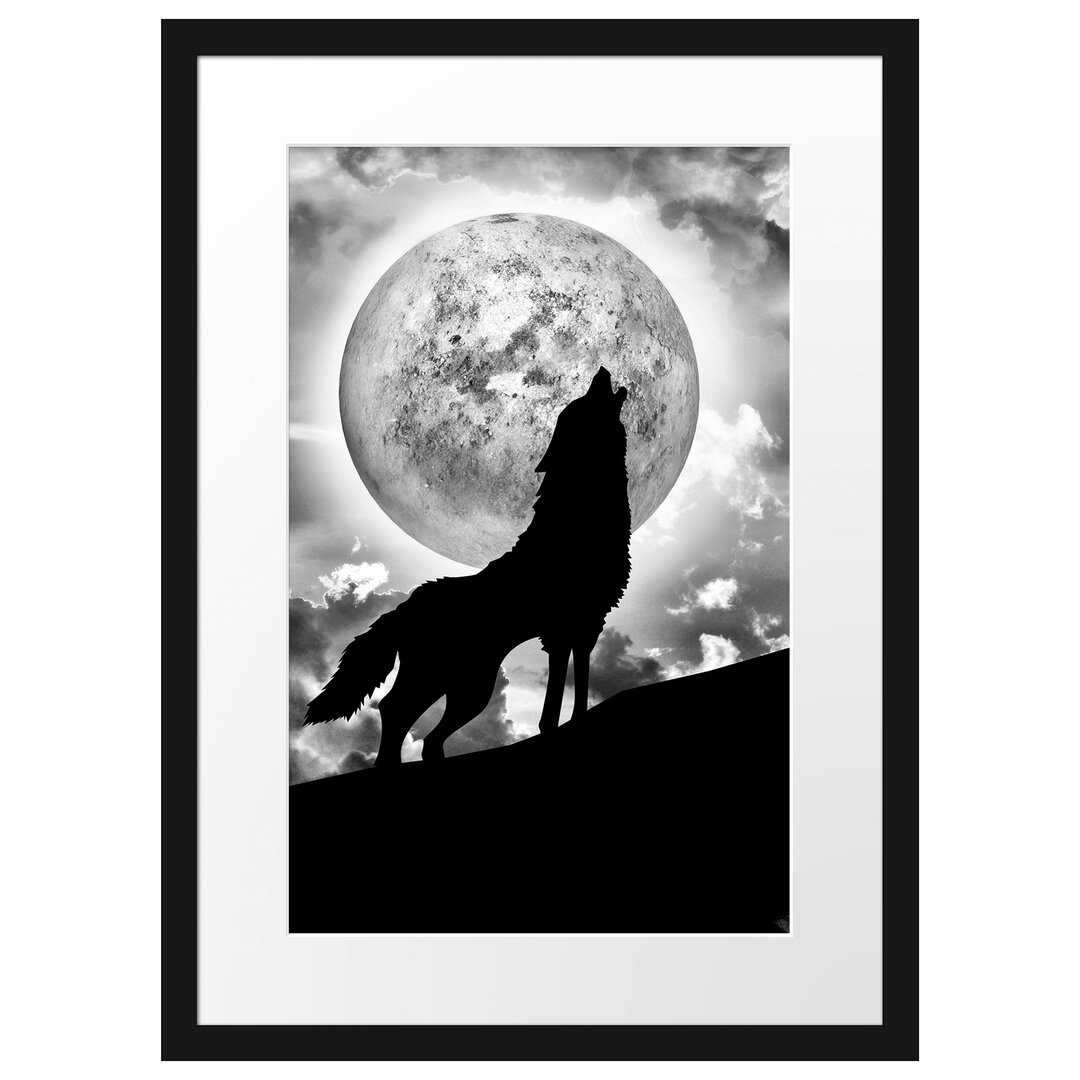 Gerahmtes Poster Wolf heult Mond an