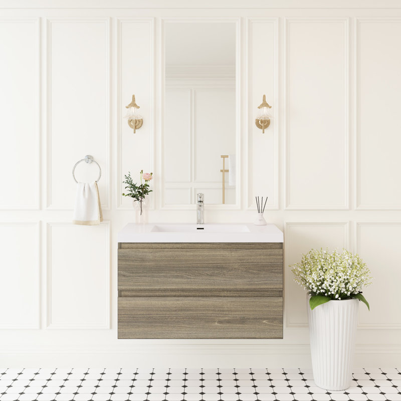 36" Floating Bathroom Vanity With Sink, Modern Minimalist Design, Solid Surface Top, Soft Close Drawers, Ash Grey, Pre-Assembled Components Storage, Resin Countertop, Water- Durability