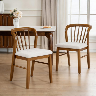 Mid-Century Modern Rubberwood Dining Chair with Upholstered Seat