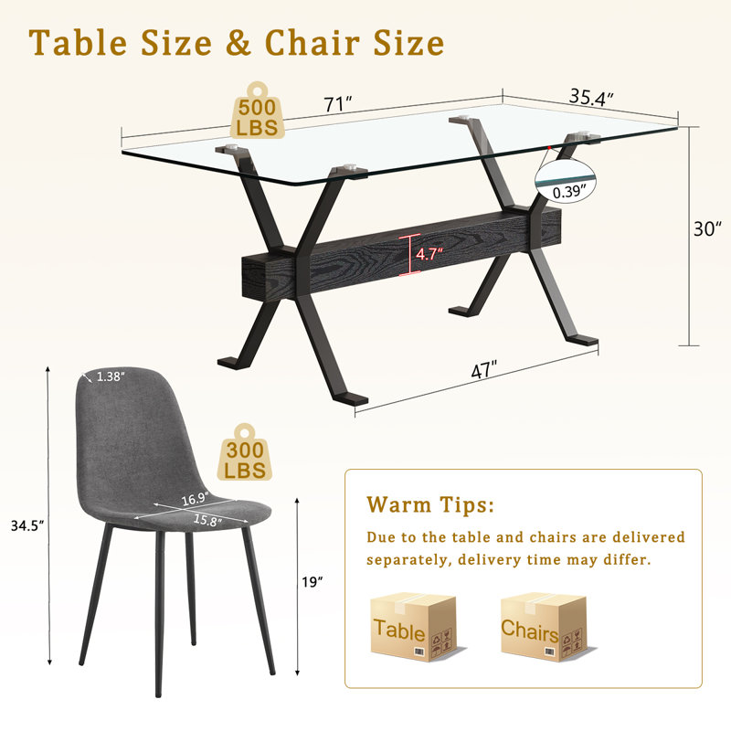Ensemble de table de salle à manger rectangulaire, table de salle à manger en verre trempé et chaises confortables, conception moderne et assemblage facile
