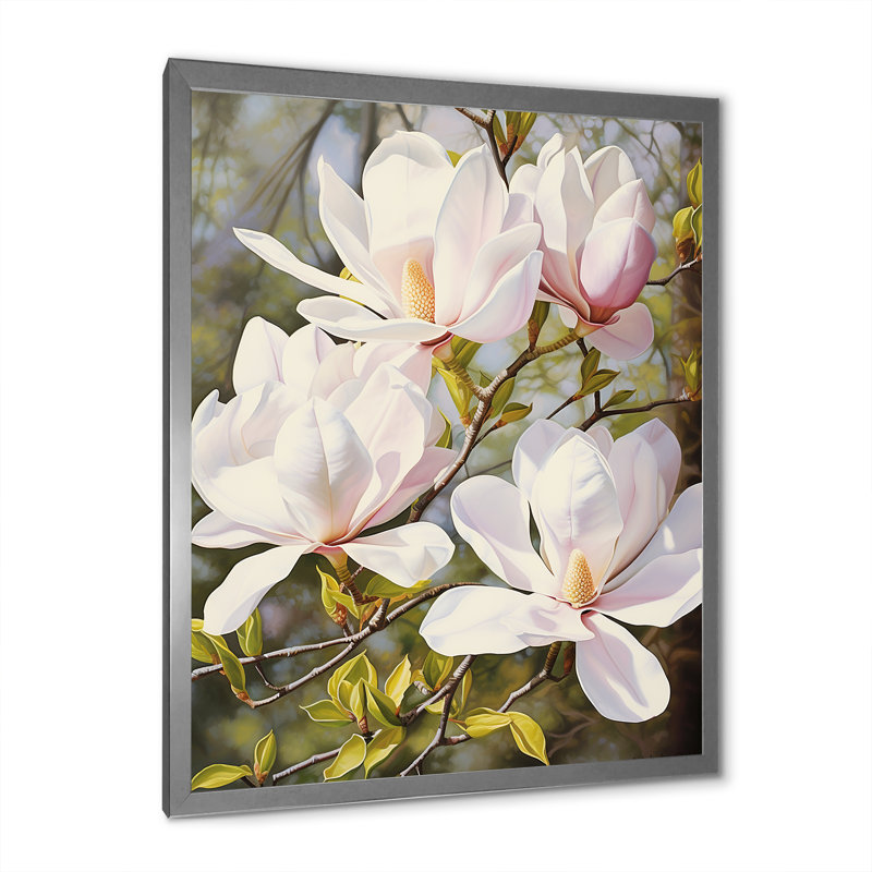 Blanc et rose magnolia tranquillité - impression, H 20 po x l 12 po x P 1 po, Cadre photo argenté