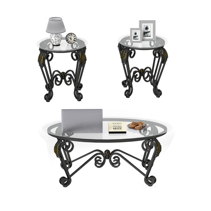 Rustic Black Tempered Glass Coffee Table Set with Metal Frame