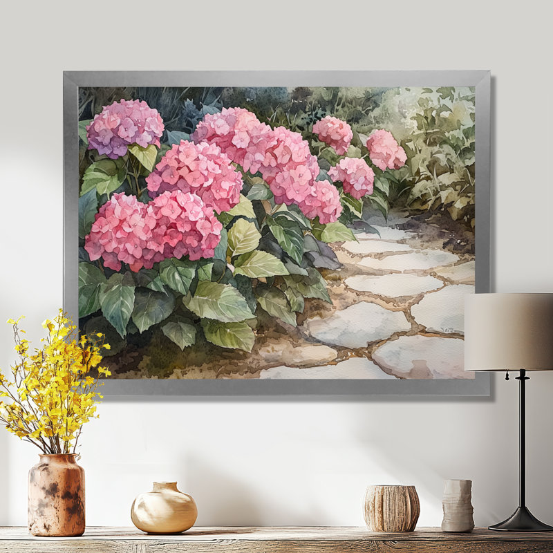Hortensias dans un sentier de jardin monochrome I - hydrangées, art mural, H 12 po x l 20 po, Argent argent