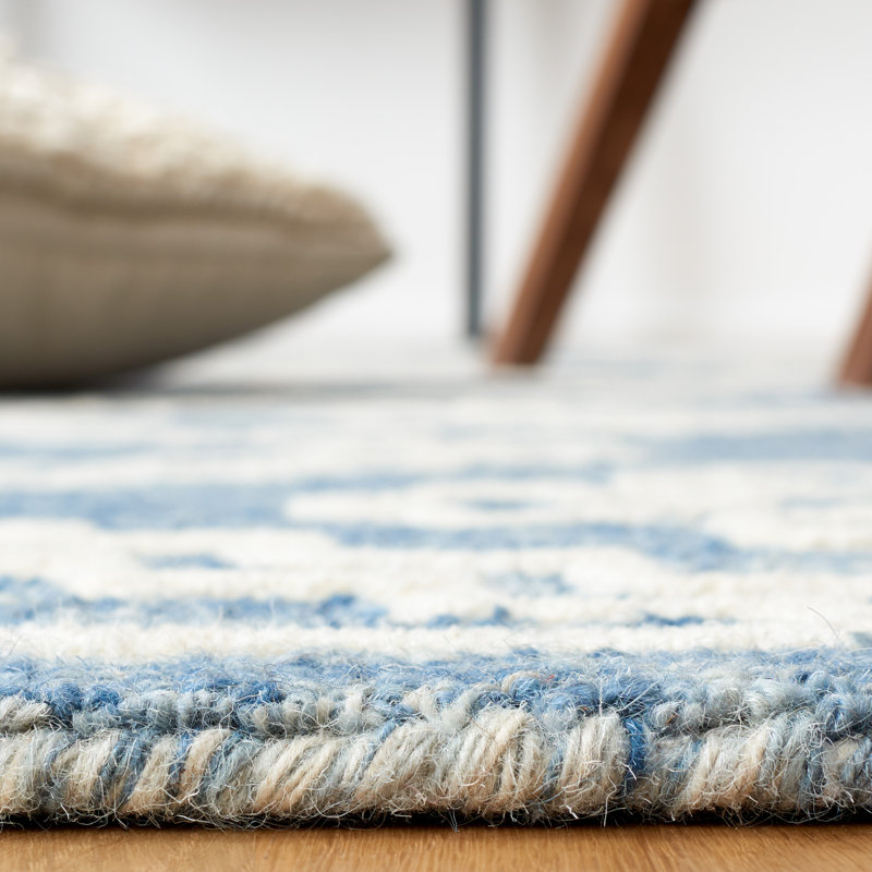 Ivory and Blue Handmade Wool Abstract Area Rug, 8' x 10'