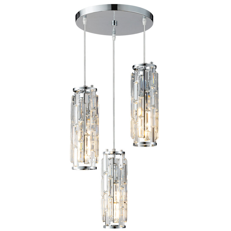 Luminaire suspendu cylindrique à 3 lumières à intensité variable avec accents de cristal, Chrome chrome, Trois lumières