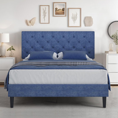 Bed Frames with Button Tufted Headboard, Linen Upholstered Platform Bed with Wooden Slats Support, Easy Assembly, No Box Spring Required
