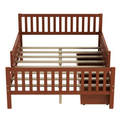 Full Size Wood Platform Bed In Walnut With Guardrails And Two Storage Drawers, Frame, 8 Slats For Balance Color Classic Style, Evenly Spaced