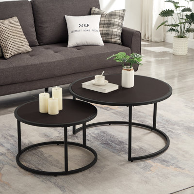Ensemble de 2 tables basses gigognes modernes en similicuir avec base en métal noir, table d'appoint pour salon