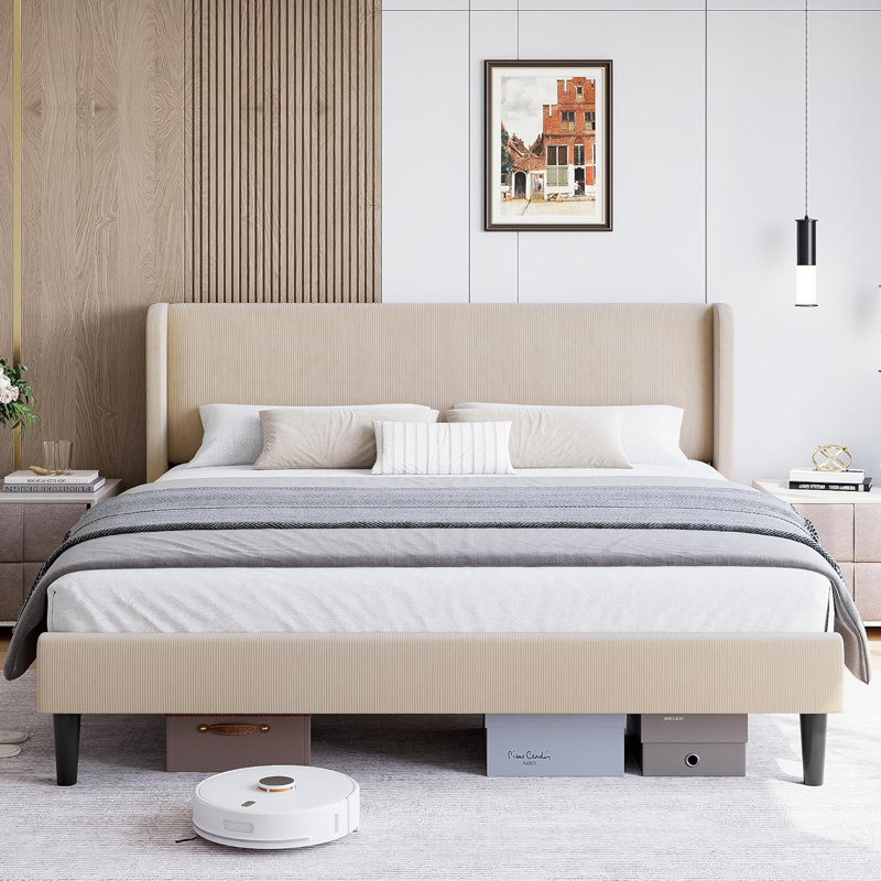 Bed Frame With Headboard, Upholstered Bed Frame With Wood Slats, Sturdy Support Feet, No Box Spring Needed, Beige, Queen