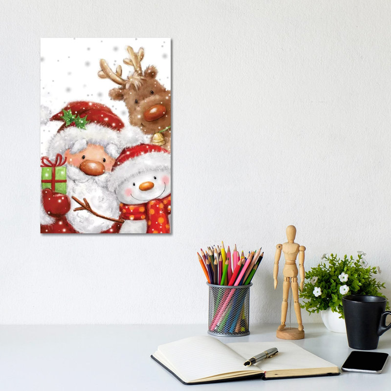 Santa Snowman And Reindeer by MAKIKO - Wrapped Canvas Print, 20.32 cm H x 30.48 cm W