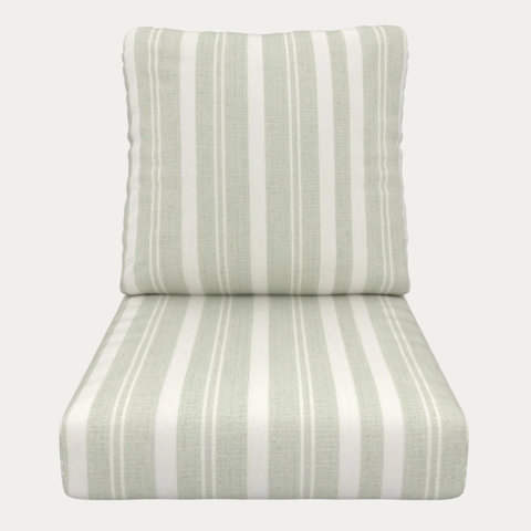 Seat and back cushions with sage green and white stripes.