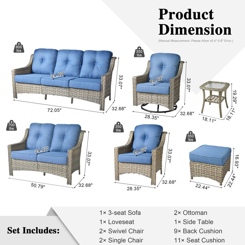 Porretto 9 - Person Patio Conversation Set with Cushions, Blue