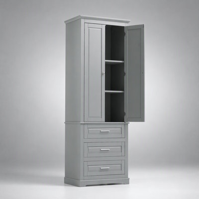 Tall Grey Storage Cabinet with Three Drawers for Bathroom or Office, Adjustable Shelf and Anti-tipping Safety