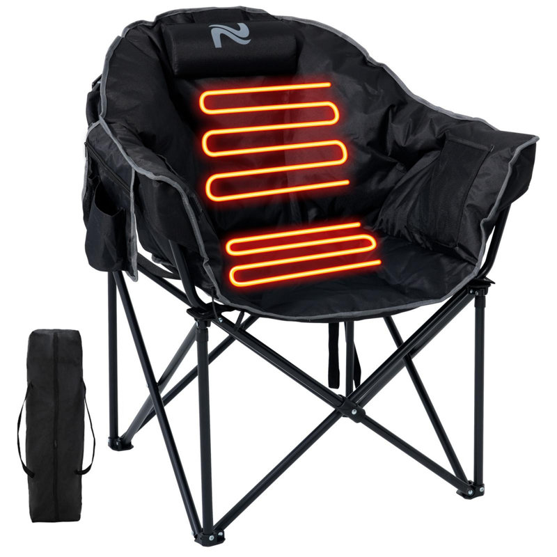 Oversized Portable Heated Camping Chair With Pillow, Heated Foldable Chair Seat Supports 500 Lbs, Black
