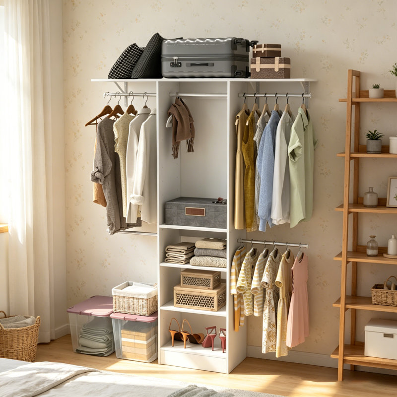 Système d'organisation, organisateur avec tablettes réglables et 5 tringles extensibles, 3 à 5 pi, blanc