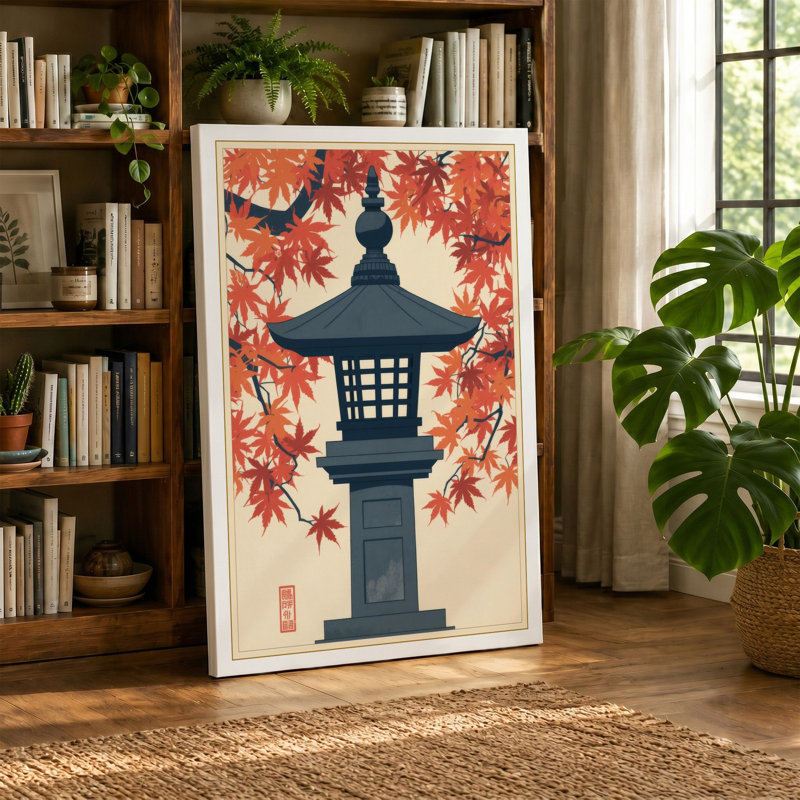 Autumn Stone Lantern Japandi - Wrapped Canvas, Cream Border, 30x20 - 76.2 x 50.8 cm