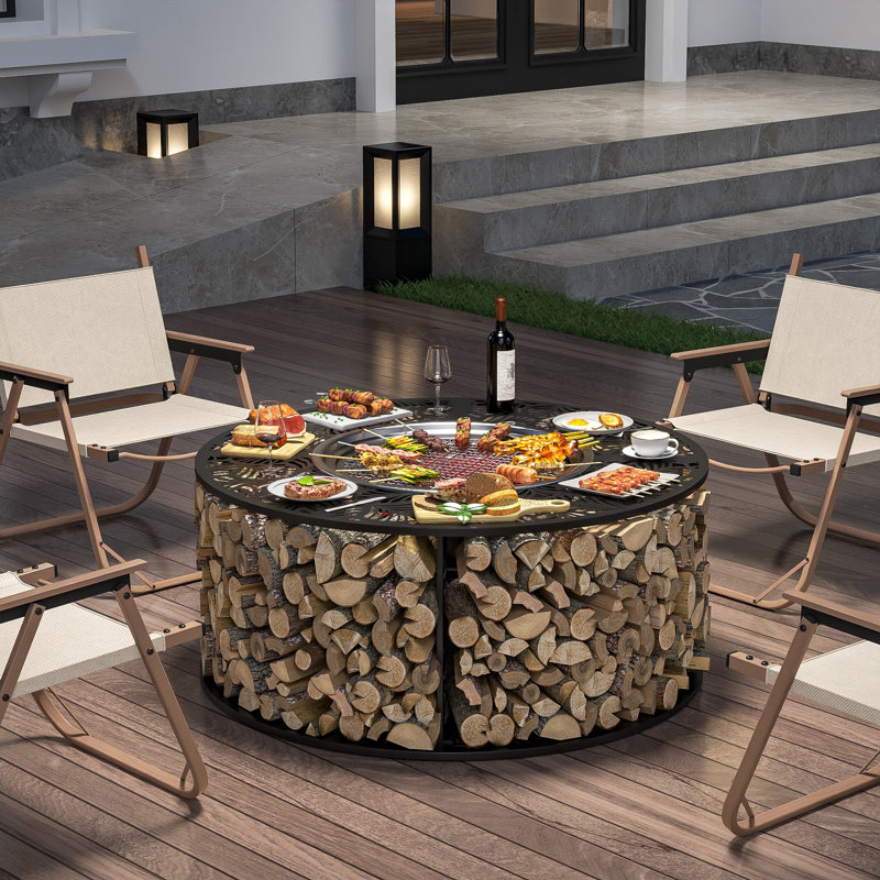 Fire Pit Surround Tabletop for Solo Stove Bonfire, 48" Fire Pit Surround Tabletop with Firewood Storage Shelf, Outdoor Fire Pit Stand, Heavy Duty Steel (Fire Pit Not Included)
