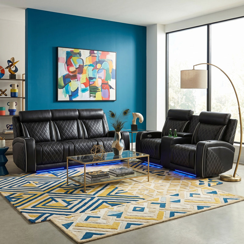 Bellagio Black Breathable Leather 2-Pieces  Reclining  Sectioanal Living Room Sofa And Loveseat With Cup-Holders ,Wireless Charging And LED Lights