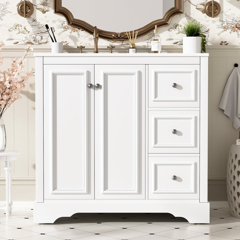 Meuble-lavabo transitionnel de 36 po au design élégant avec rangement spacieux et fonction de fermeture en douceur de 36 po avec lavabo en céramique et charnières pour une utilisation silencieuse