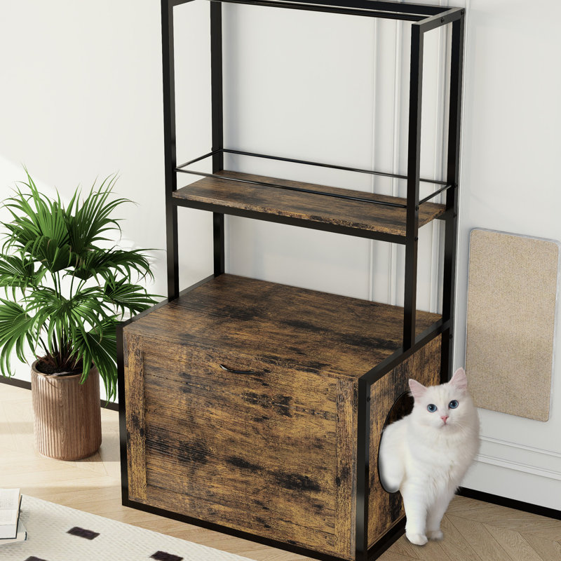 Armoire à litière rustique pour chat avec tablette et support suspendu