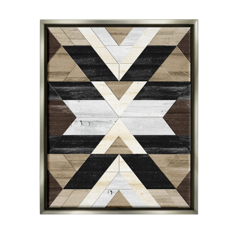 «Rustic Linear Aztec Shapes Gray», encadrée par Erica Billups, H 21 po x l 17 po x P 1,7 po, Cadre flottant gris lustré