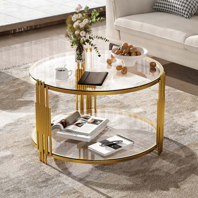 Modern Mirror Coffee Table, Asymmetrical Metal, Circular Metal Drum Base,Lower Shelf