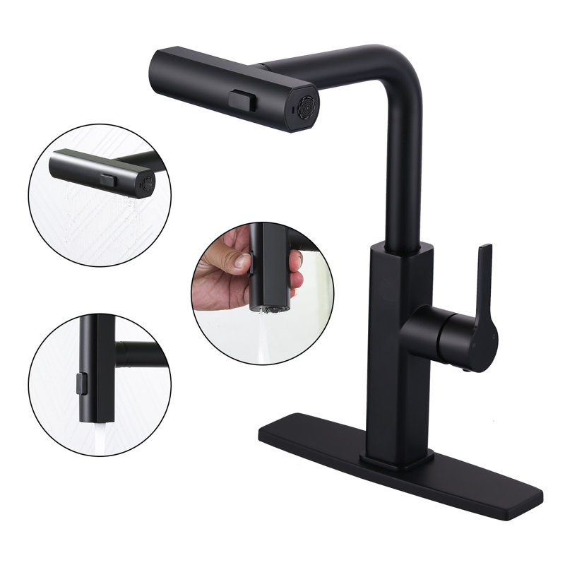 3-Mode Single Handle Pull Down Sprayer Kitchen Faucet With Deckplate And Supply Lines, Matte Black