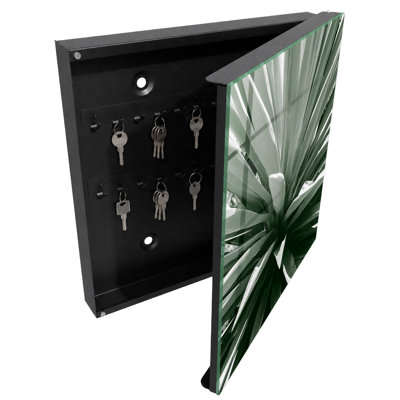Wall mounted key box, Opens to the right, 30x30x5, Black, Agave motif geometric composition nature, 