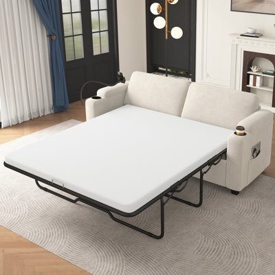 Canapé-lit beige en velours côtelé avec matelas, 2 ports, porte-gobelets, rangement latéral, support pour téléphone, lit double convertible Living Basic, pochettes de rangement, support, espace