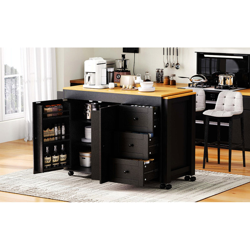 Kitchen Island, Kitchen Storage Cart with 3 Drawers, Power Outlet, Rolling Kitchen Island with Spice Rack, Black