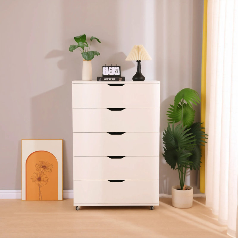 Commode de rangement blanche à 5 tiroirs avec roulettes - Armoire de rangement moderne