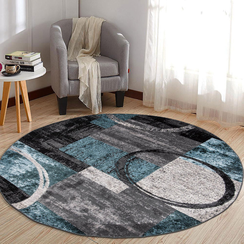 Tapis moderne performance gris, ivoire et bleu à motif abstrait Fanton, Rond 8 pi, Blue/Gray