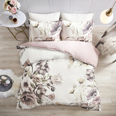 Housse de couette en coton imprimée très grand / très grand - motif floral, chambre à coucher douce, fermeture à boutons, attaches de coin, très grand 3 pièces, avec motif floral, look et cravate,