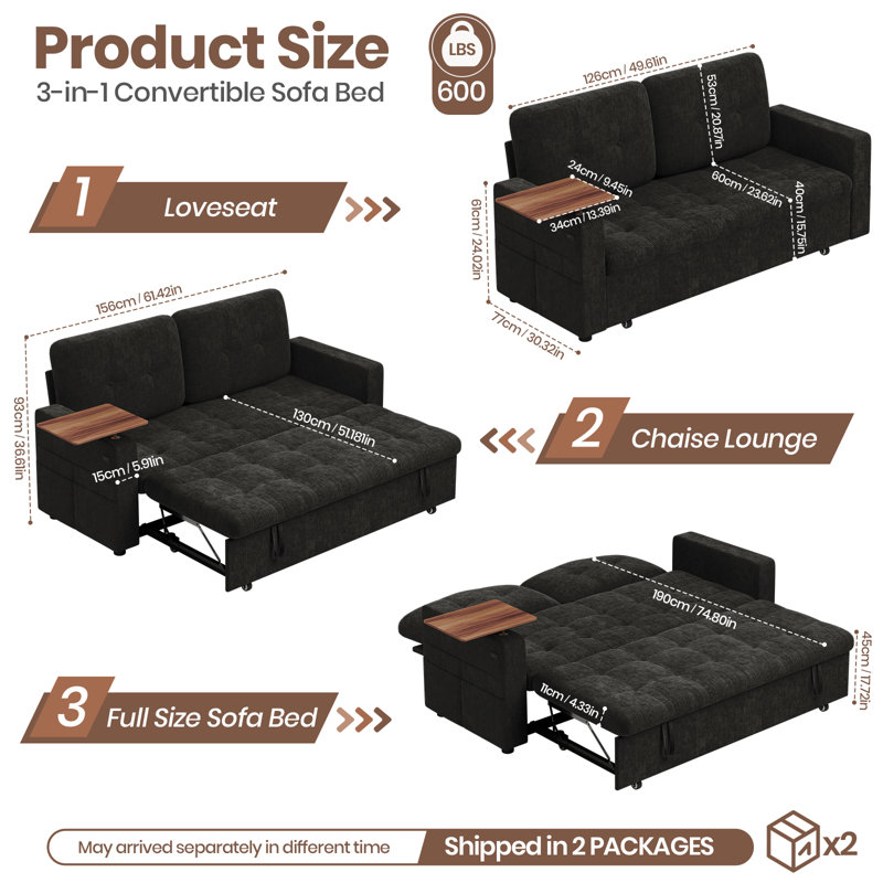 2 Seater Chenille Sofa Bed, Black