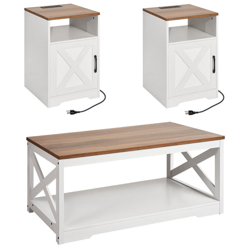 3 Piece Farmhouse Coffee Table Set 40 in with 2 End Table for Living Room