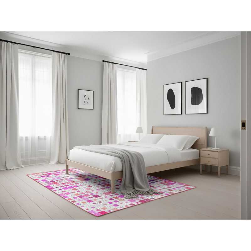 Tapis blanc/rose à motifs, Rectangle 5 pi x 7 pi