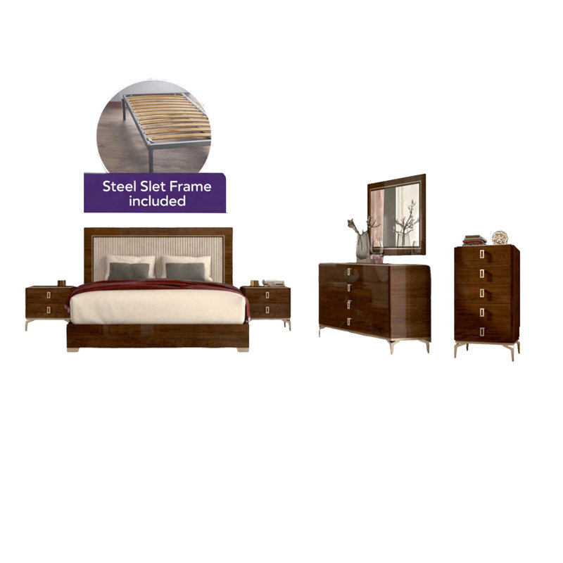 Springville Valencia Bedroom Set With Camel Frame, Queen, 6 Pcs: Bed, 2 Dressers, Mirror, 2 Nightstands