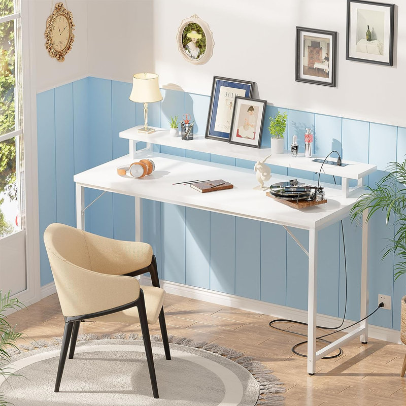 Iancarlo Metal Base Computer Desk with Power Outlet, 33.9" H x 47.3" W x 22.4" D, White